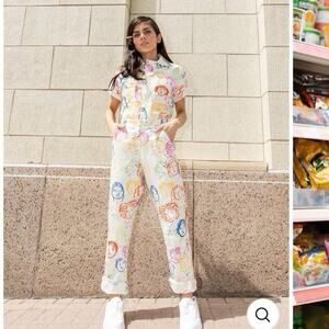 NWT My Little Belleville Bowie Rainbow Printed Faces Utility Jumpsuit Cream S